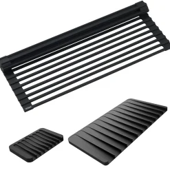 Roll-Up Dish Drying Rack with Self-Draining Silicone Dish Drying Mat and Silicone Soap Dish / Sponge Holder in Black