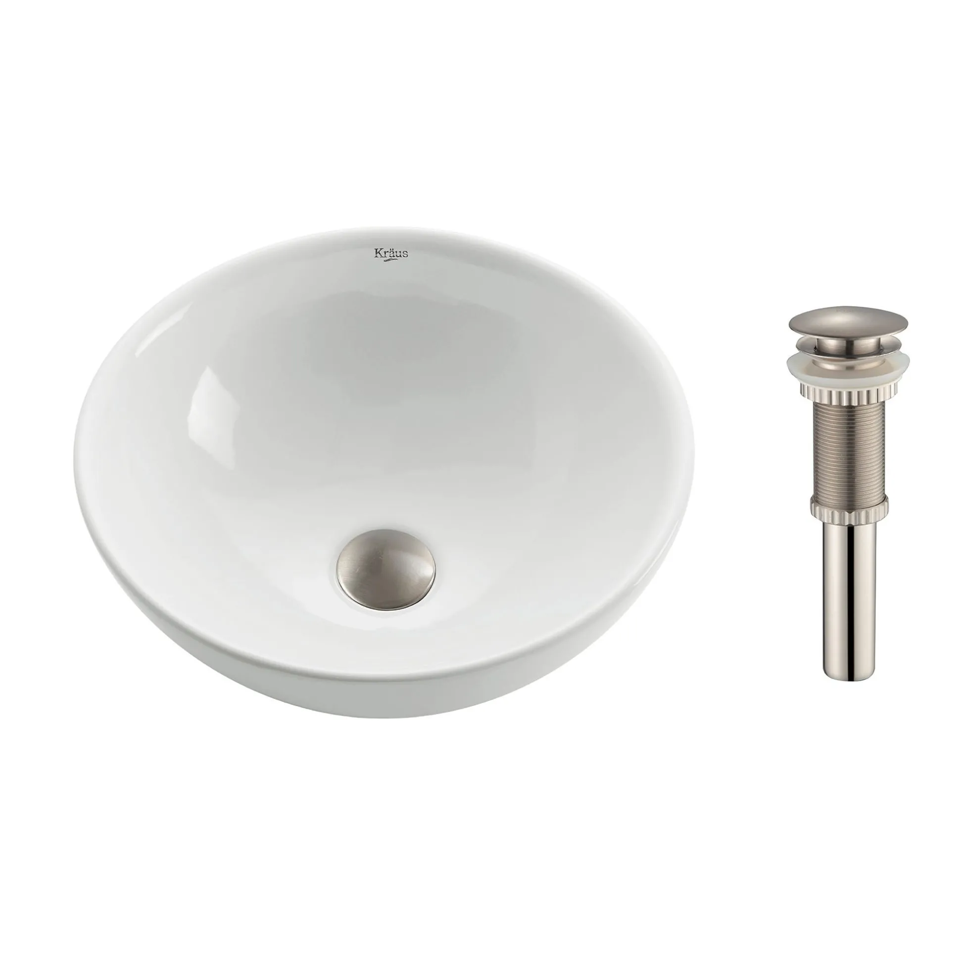 16" Round Vessel Ceramic Bathroom Sink in White with Pop-Up Drain in Satin Nickel