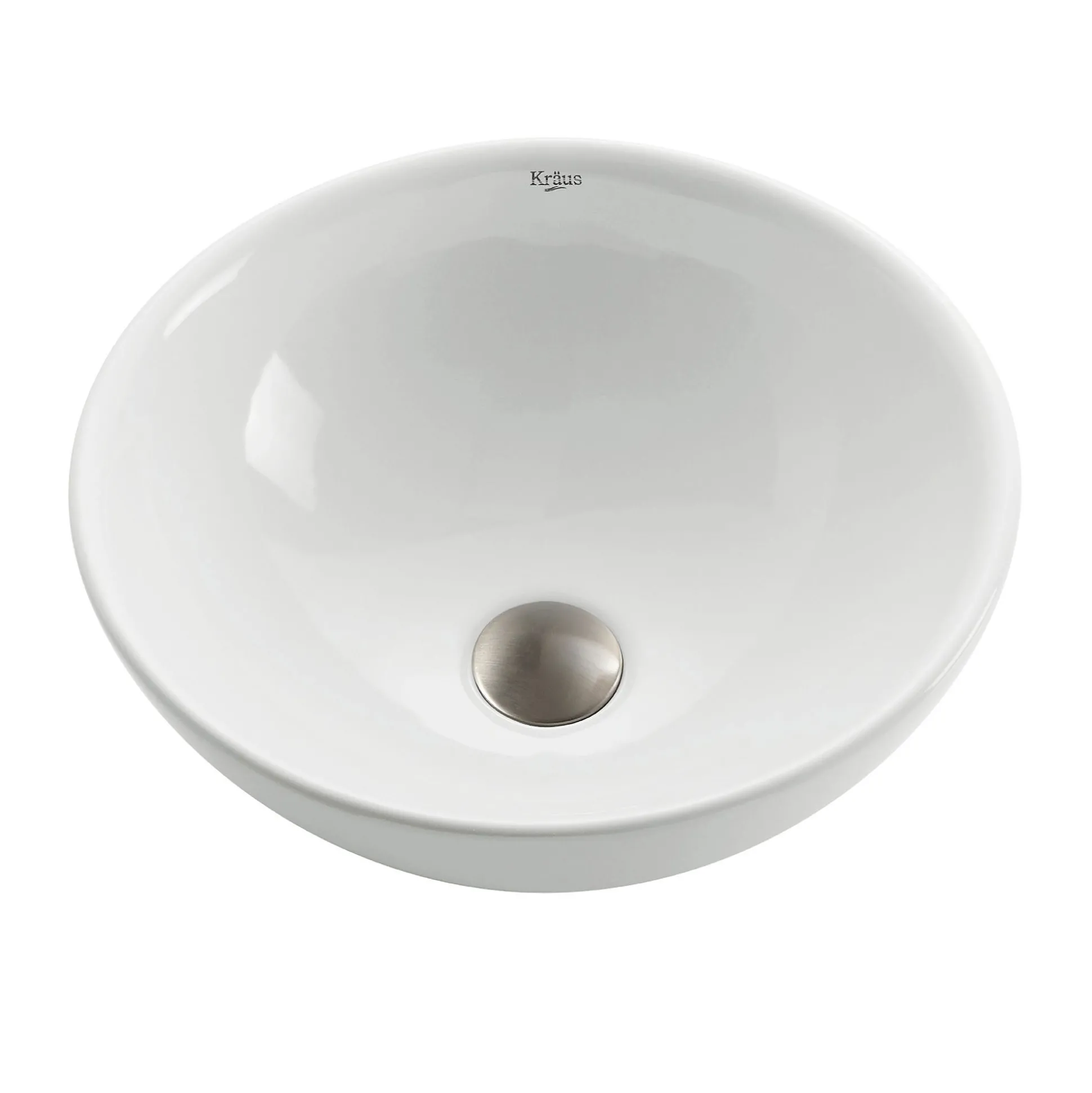 16" Round Vessel Ceramic Bathroom Sink in White with Pop-Up Drain in Satin Nickel