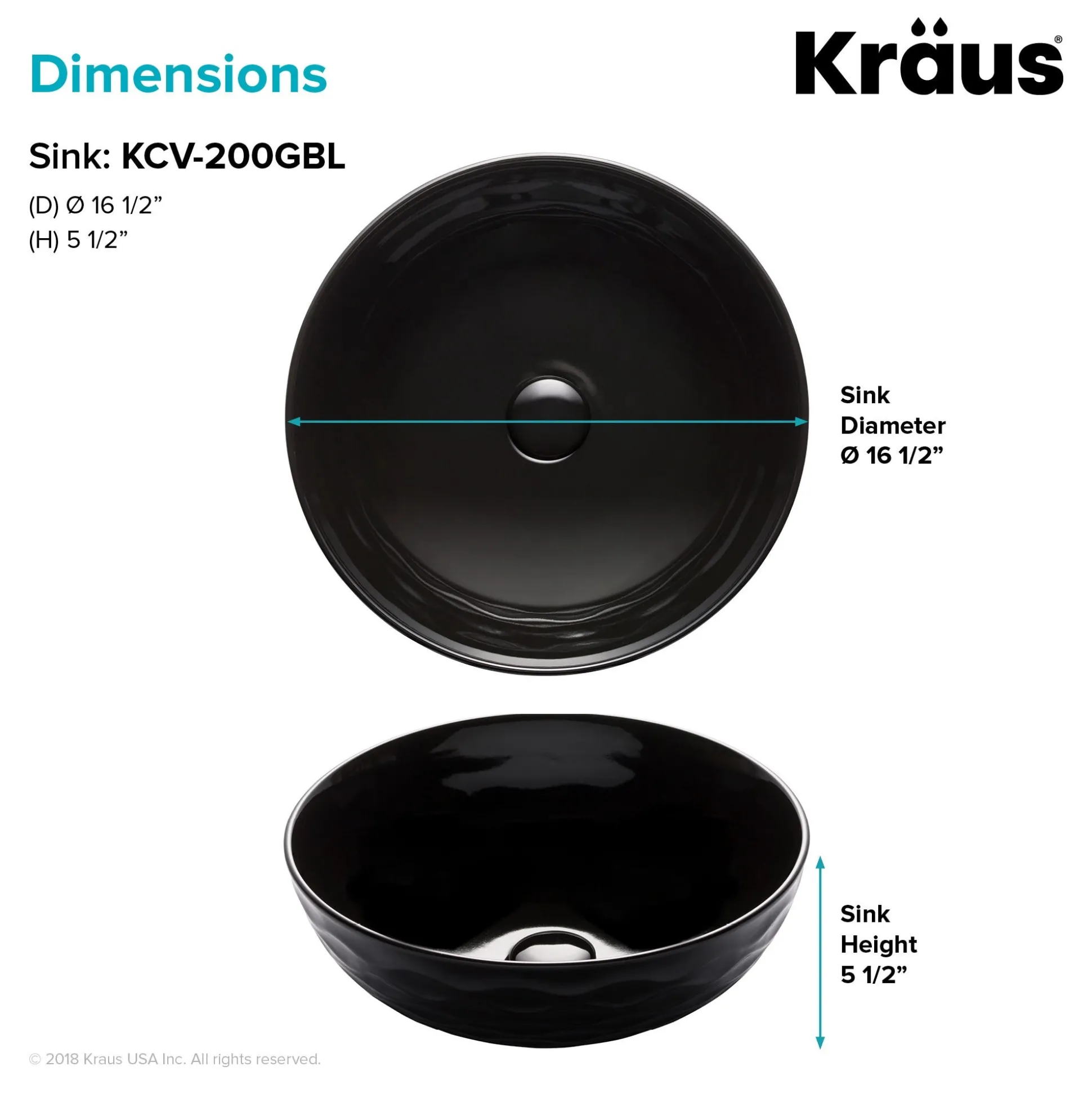 16 1/2" Round Vessel Ceramic Bathroom Sink in Black