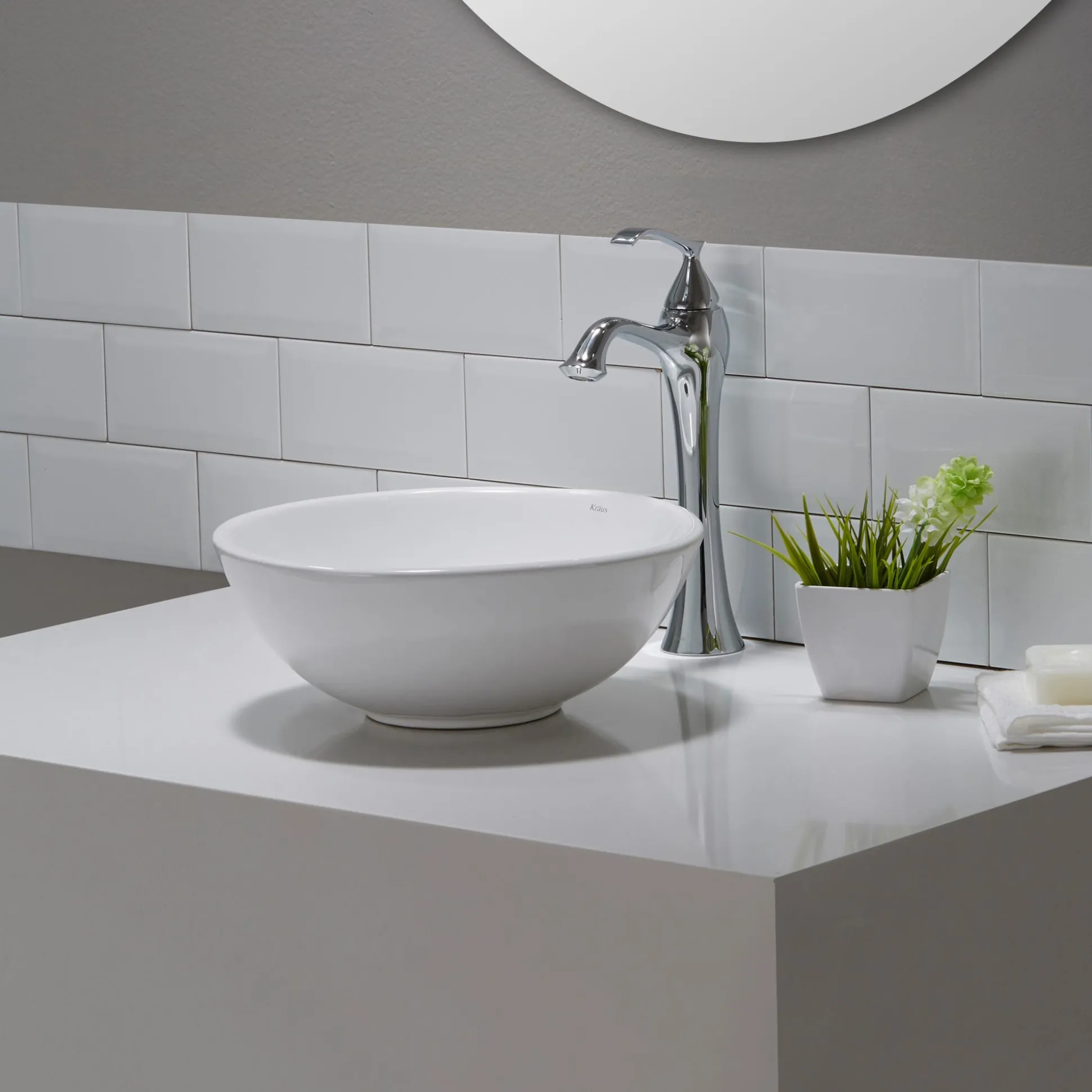 14" Round Vessel Ceramic Bathroom Sink in White with Pop-Up Drain in Brushed Nickel