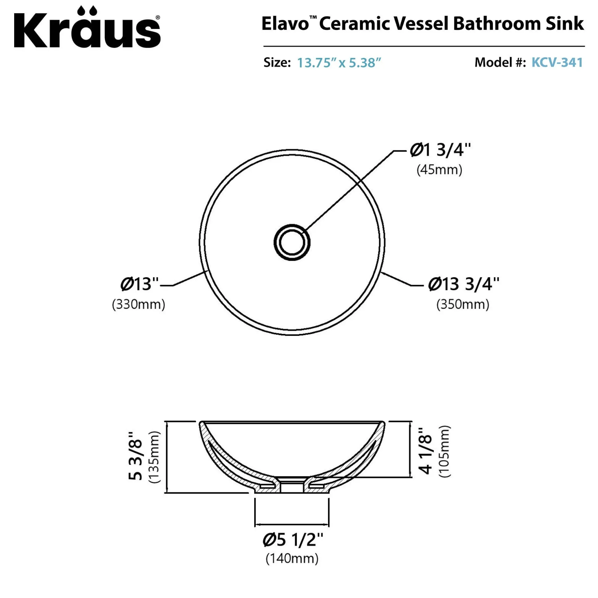 14" Round Vessel Ceramic Bathroom Sink in White with Pop-Up Drain in Brushed Nickel