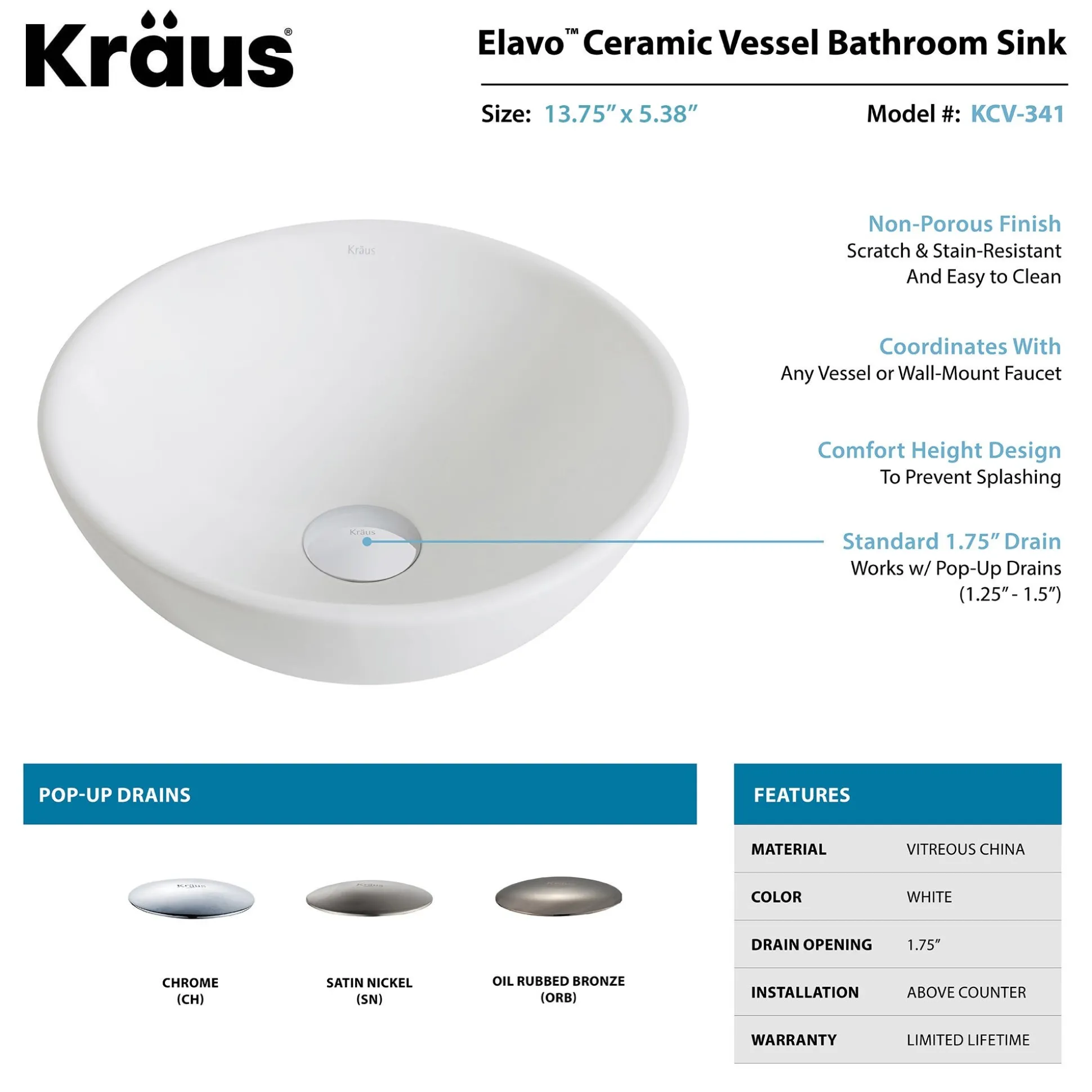 14" Round Vessel Ceramic Bathroom Sink in White with Pop-Up Drain in Oil Rubbed Bronze
