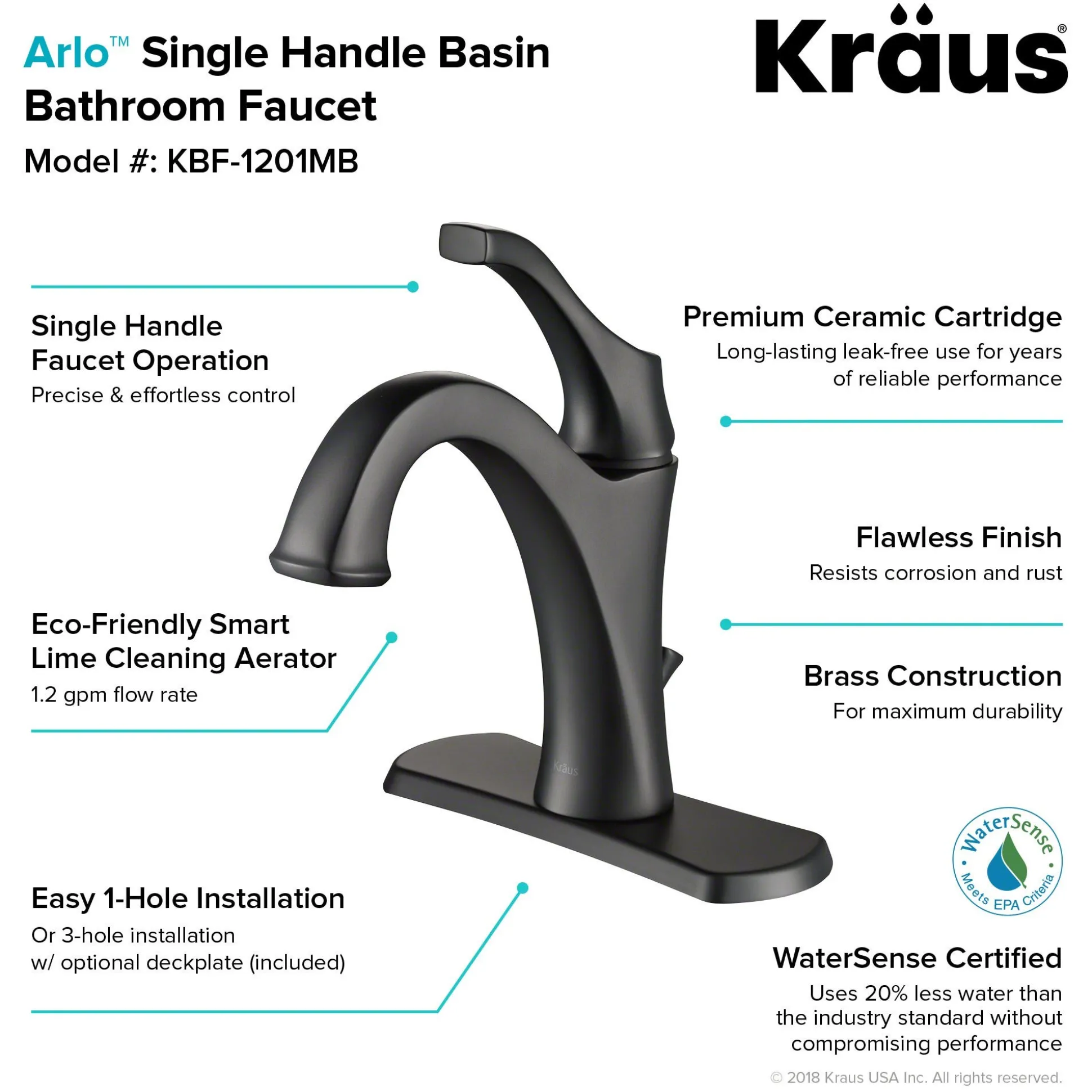 Single Handle Basin Bathroom Faucet with Lift Rod Drain and Deck Plate in Matte Black