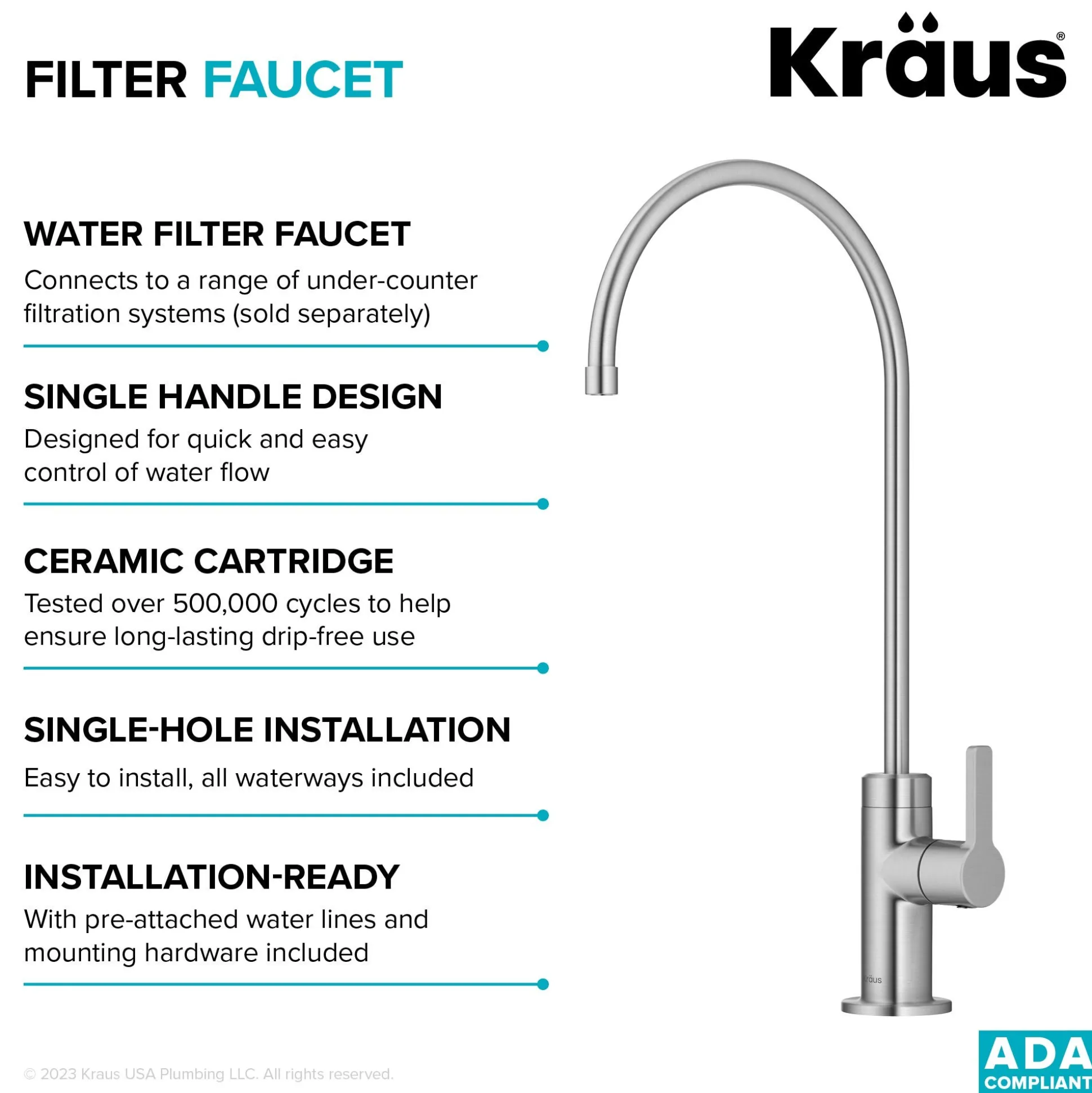 Single Handle Drinking Water Filter Faucet for Reverse Osmosis or Water Filtration System in Spot-Free Stainless Steel
