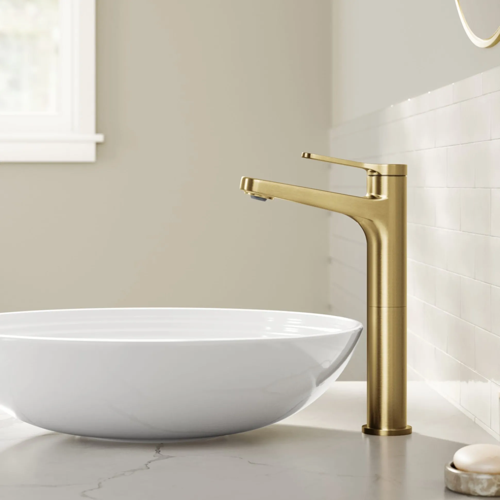 Single Handle Vessel Bathroom Faucet in Spot-Free Brushed Brass with Pop Up Drain and Supply Lines
