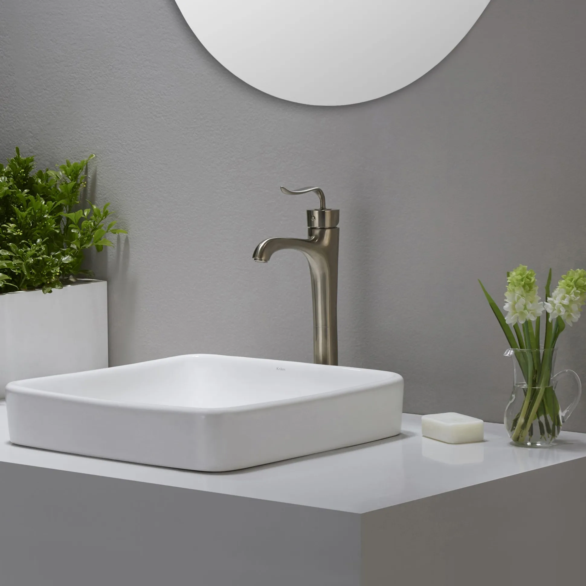 16 1/2" Square Semi-Recessed Ceramic Bathroom Sink in White with Pop-Up Drain in Brushed Nickel