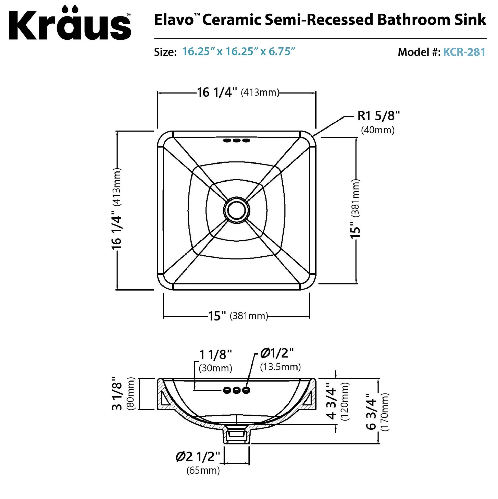 16 1/2" Square Semi-Recessed Ceramic Bathroom Sink in White with Pop-Up Drain in Brushed Nickel