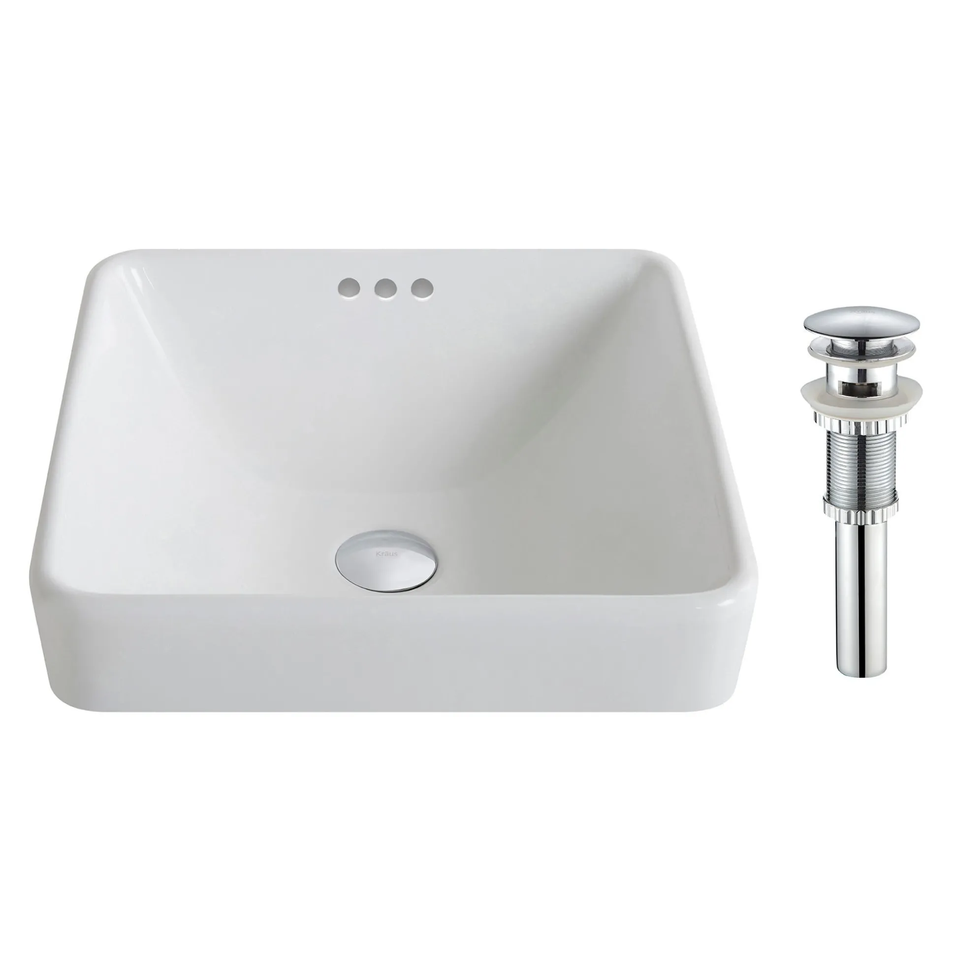 16 1/2" Square Semi-Recessed Ceramic Bathroom Sink in White with Pop-Up Drain in Chrome