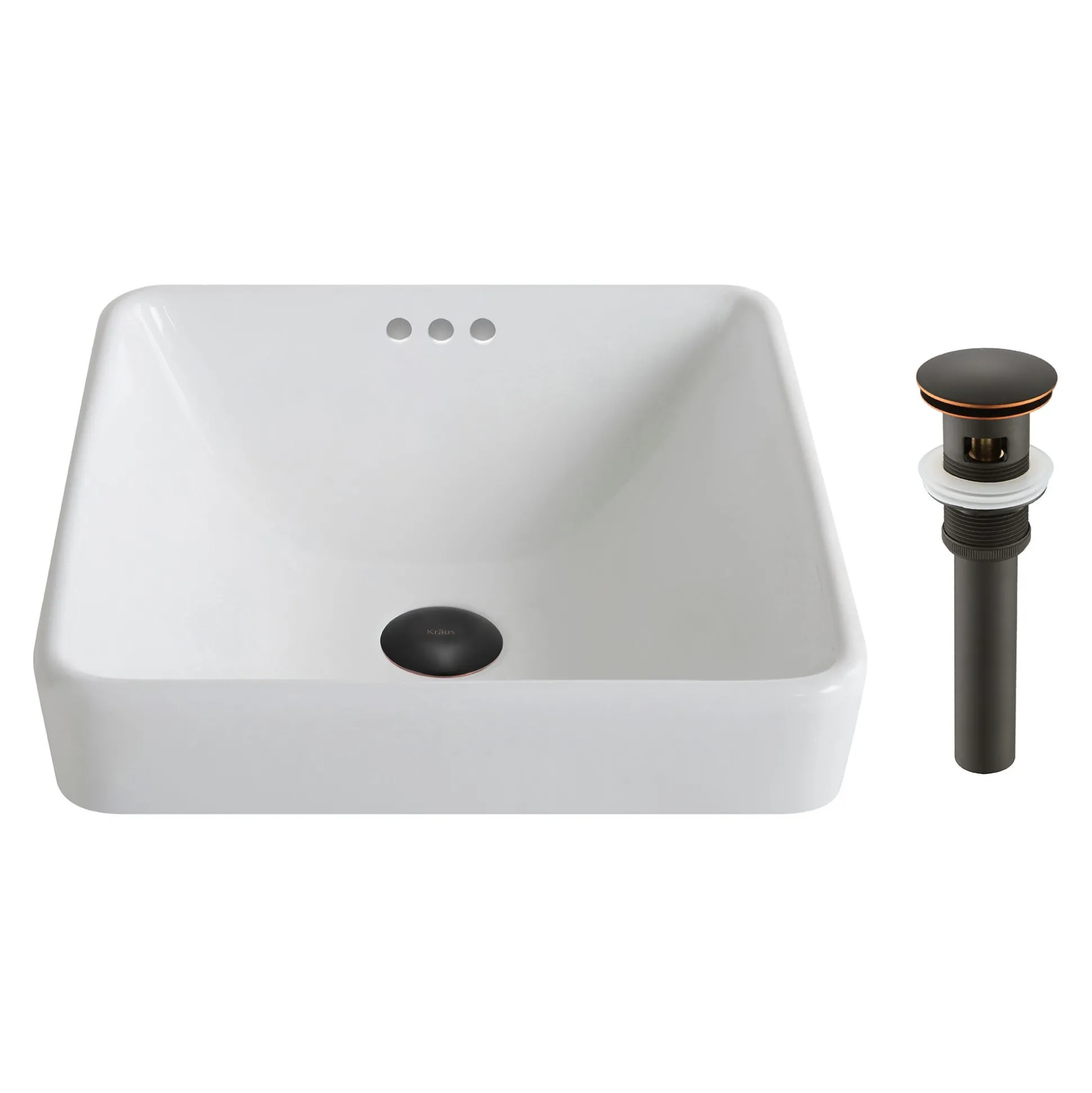 16 1/2" Square Semi-Recessed Ceramic Bathroom Sink in White with Pop-Up Drain in Oil Rubbed Bronze