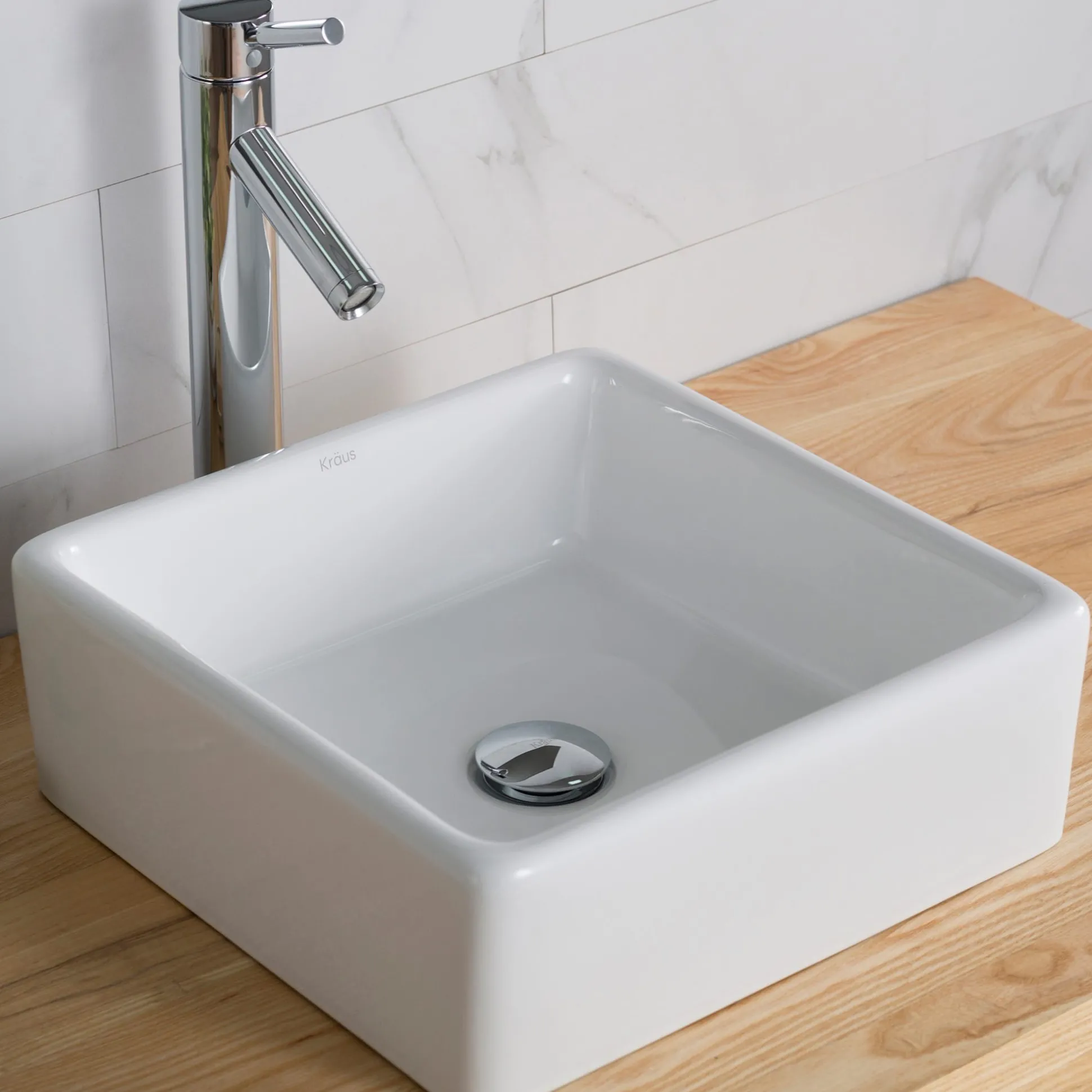 15" Square Vessel Ceramic Bathroom Sink in White