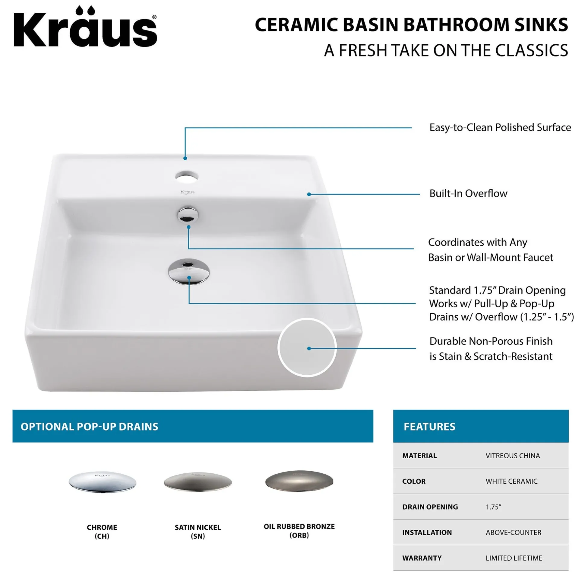 18 1/2" Square Vessel Ceramic Bathroom Sink in White with Pop-Up Drain in Satin Nickel