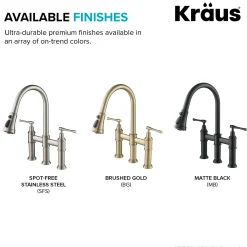 Transitional Bridge Kitchen Faucet with Pull-Down Sprayhead in Brushed Gold