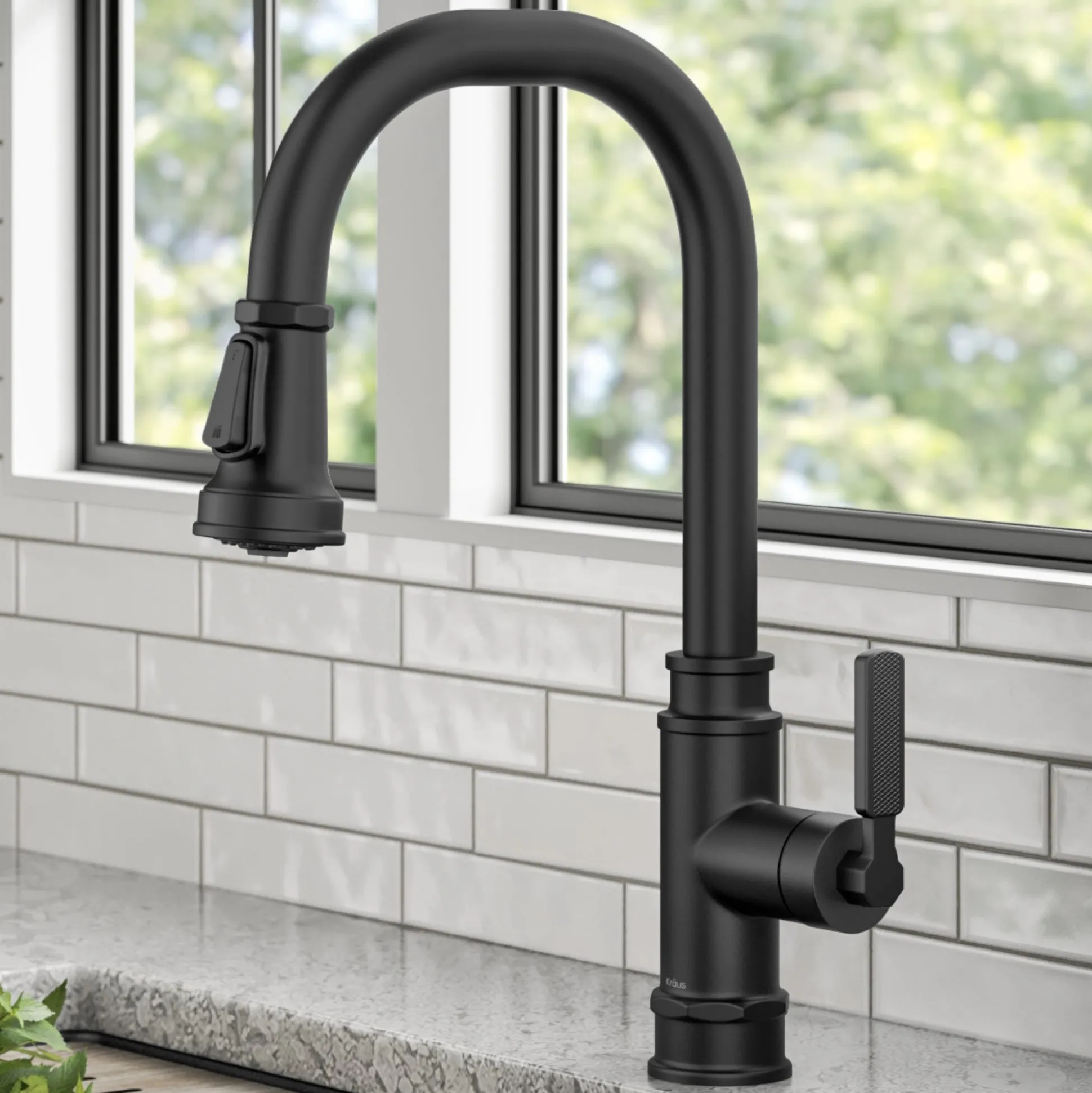Transitional Industrial Pull-Down Single Handle Kitchen Faucet in Matte Black