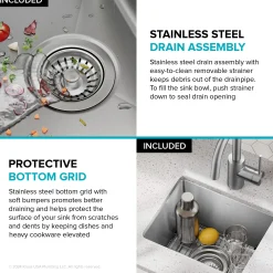 15” Undermount Single Bowl 18-Gauge Stainless Steel Kitchen Bar Sink