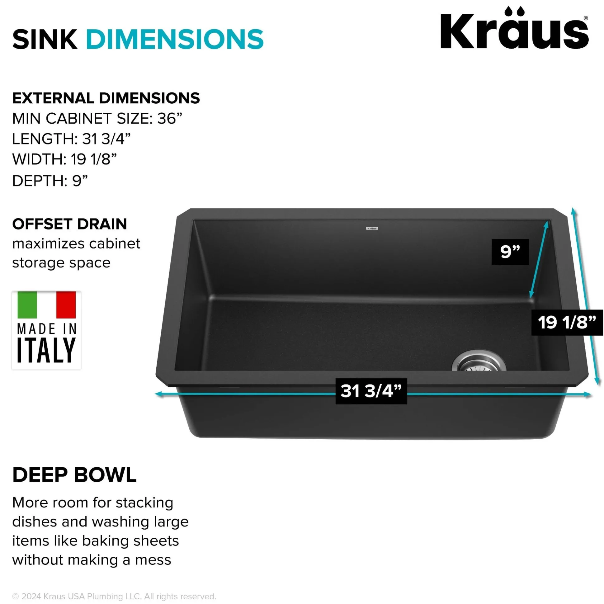 32” Undermount Single Bowl Granite Kitchen Sink in Black