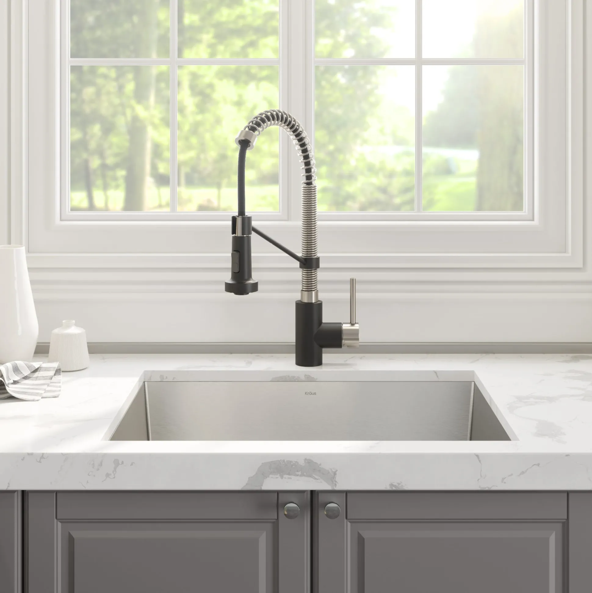 24" Undermount Utility Sink w/ Bolden Commercial Pull-Down Faucet and Soap Dispenser in Stainless Steel/Matte Black