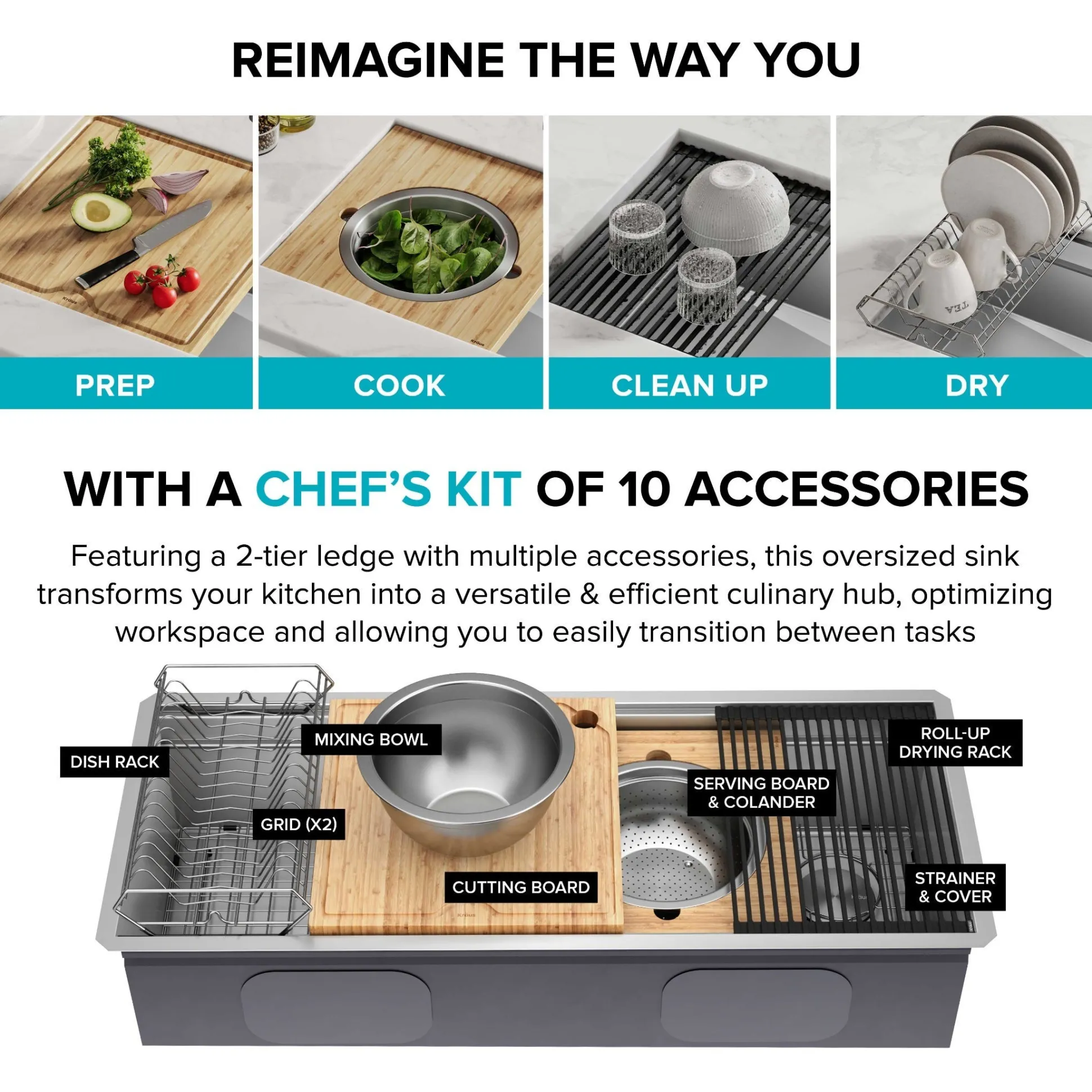 45" Undermount Workstation 16 Gauge Single Bowl Stainless Steel Kitchen Sink with 10 Accessories