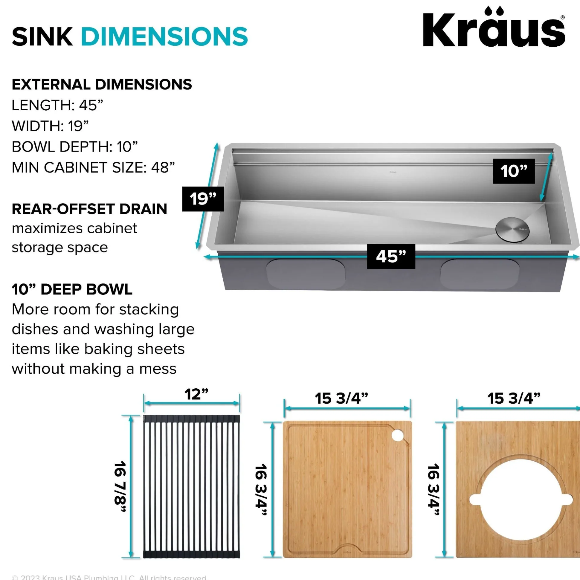 45" Undermount Workstation 16 Gauge Single Bowl Stainless Steel Kitchen Sink with 10 Accessories