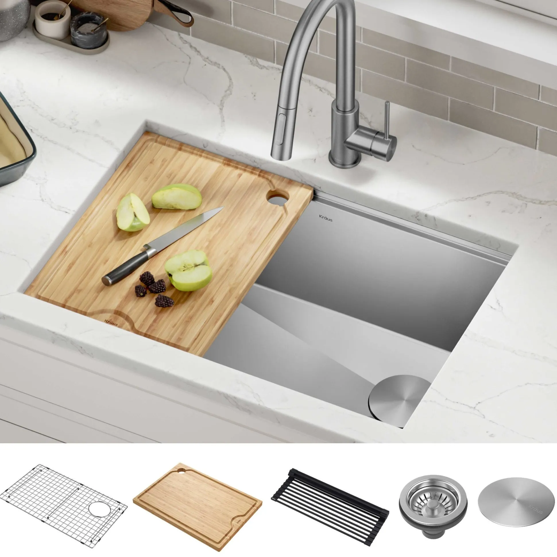 28" Undermount Workstation 16 Gauge Single Bowl Stainless Steel Kitchen Sink with Accessories