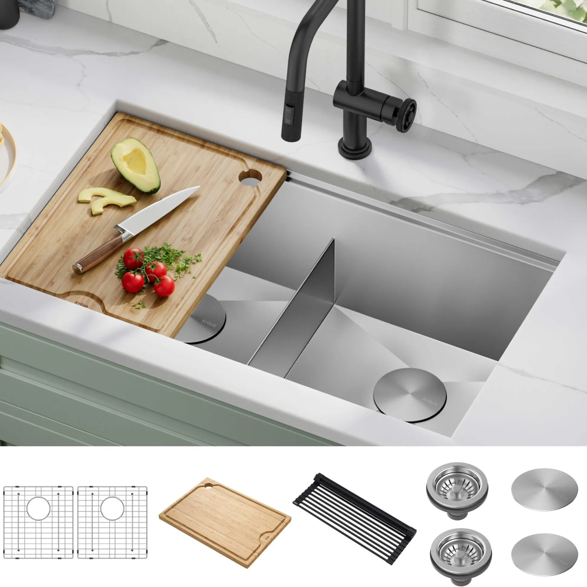 33" Undermount Workstation 16 Gauge Double Bowl Stainless Steel Kitchen Sink with Accessories
