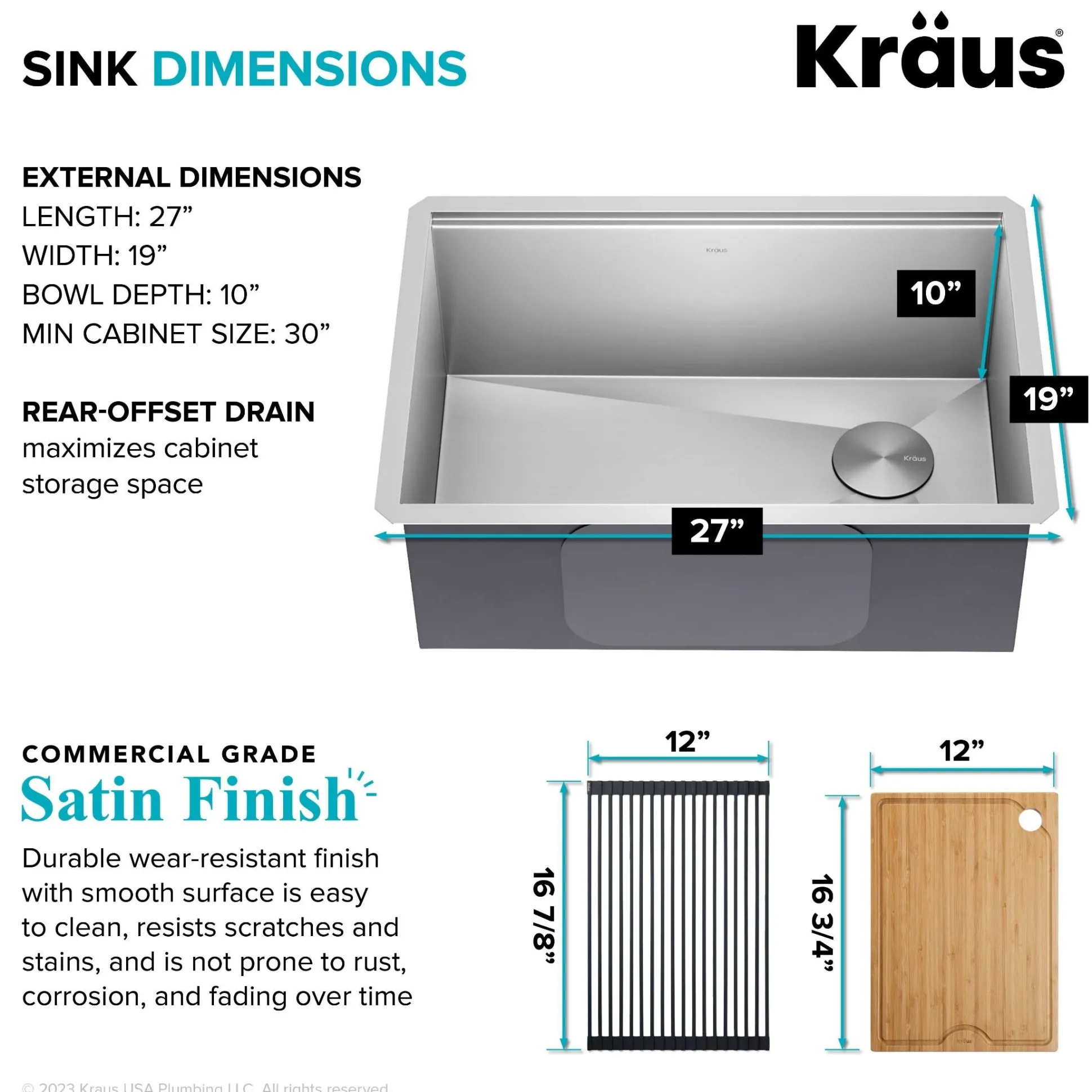 27" Undermount Workstation 16 Gauge Single Bowl Stainless Steel Kitchen Sink with Accessories