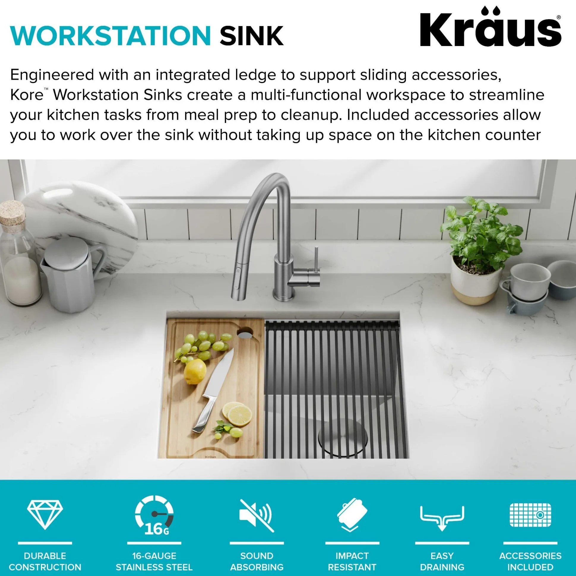 23" Undermount Workstation 16 Gauge Single Bowl Stainless Steel Kitchen Sink with Accessories