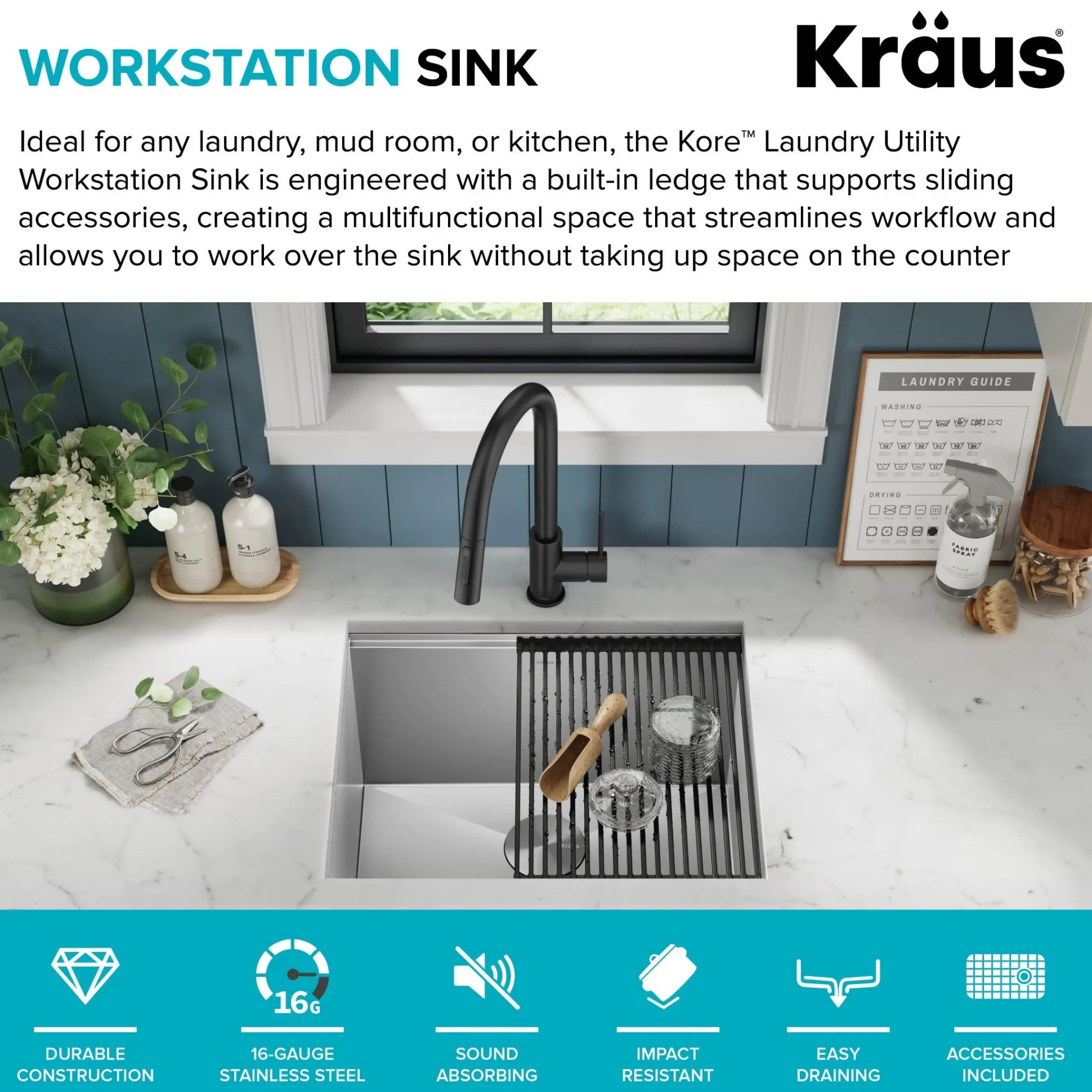 23" Undermount Workstation Single Bowl 16 Gauge Deep Laundry Utility Stainless Steel Kitchen Sink with Accessories