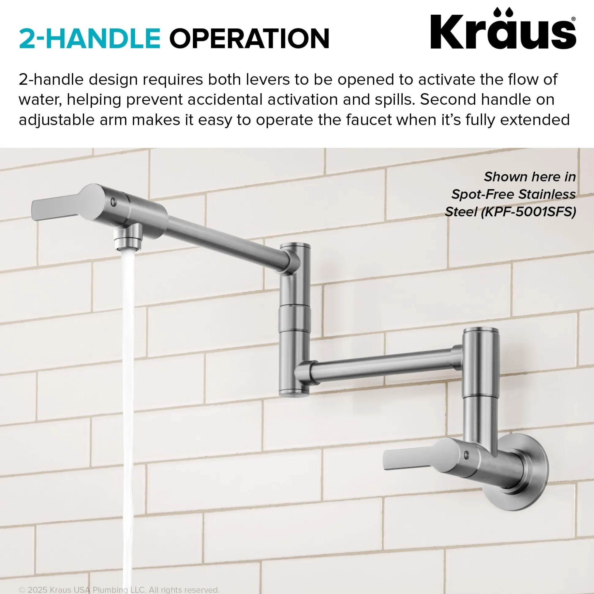 Wall Mount Pot Filler Kitchen Faucet with Retractable Arm in Spot-Free Brushed Brass