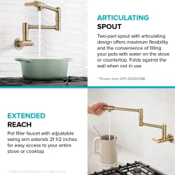 Wall Mount Pot Filler Kitchen Faucet with Retractable Arm in Spot-Free Antique Champagne Bronze