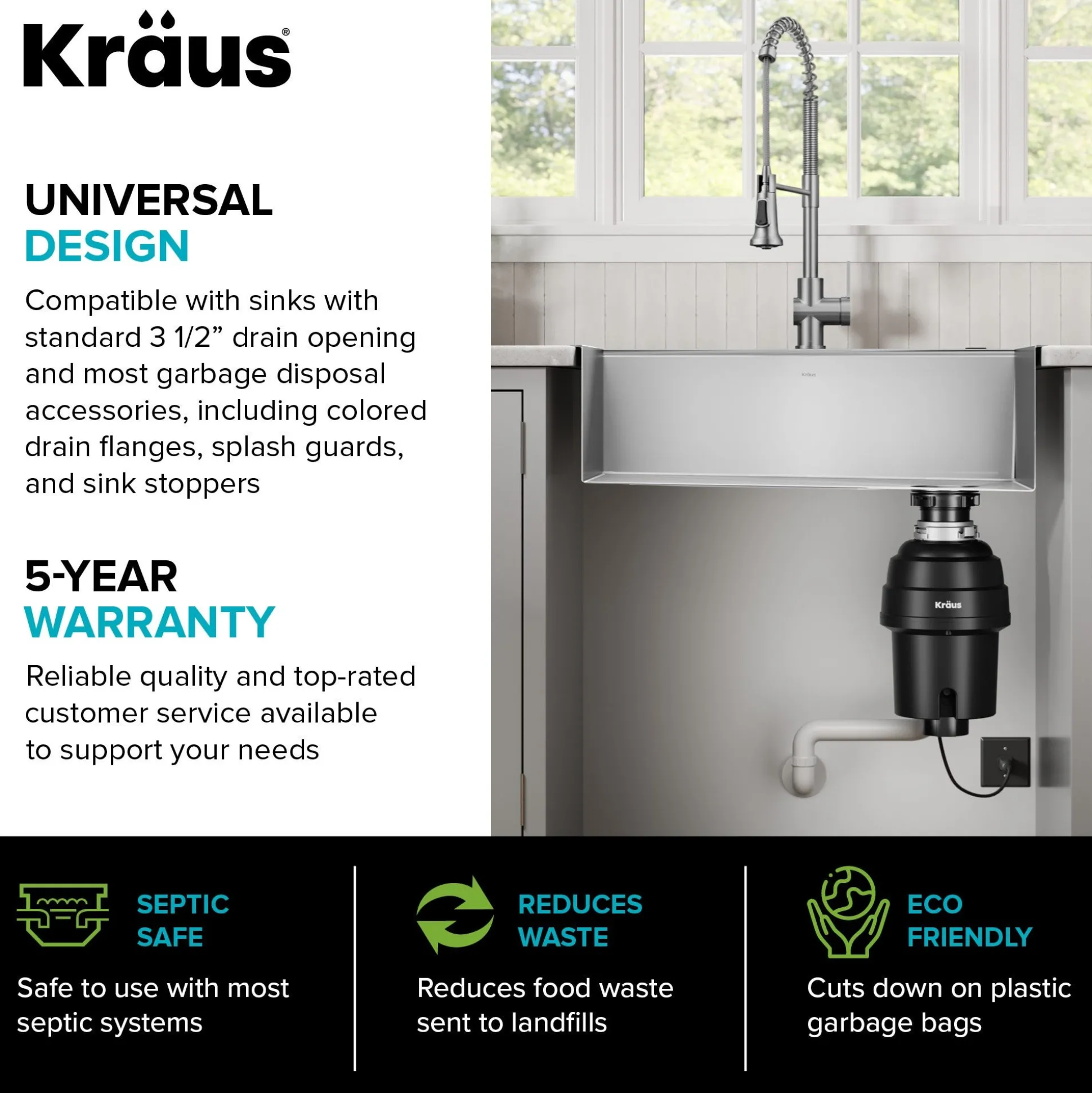 WasteGuard™ 1 HP Continuous Feed Garbage Disposal with Ultra-Quiet Motor for Kitchen Sinks with Power Cord and Flange Included