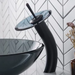 Waterfall Bathroom Faucet with Frosted Black Glass Disk and Pop-Up Drain in Oil Rubbed Bronze