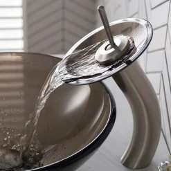 Waterfall Bathroom Faucet with Clear Brown Glass Disk and Pop-Up Drain in Satin Nickel