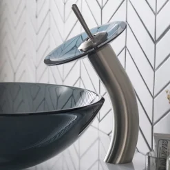 Waterfall Bathroom Faucet with Frosted Black Glass Disk in Satin Nickel