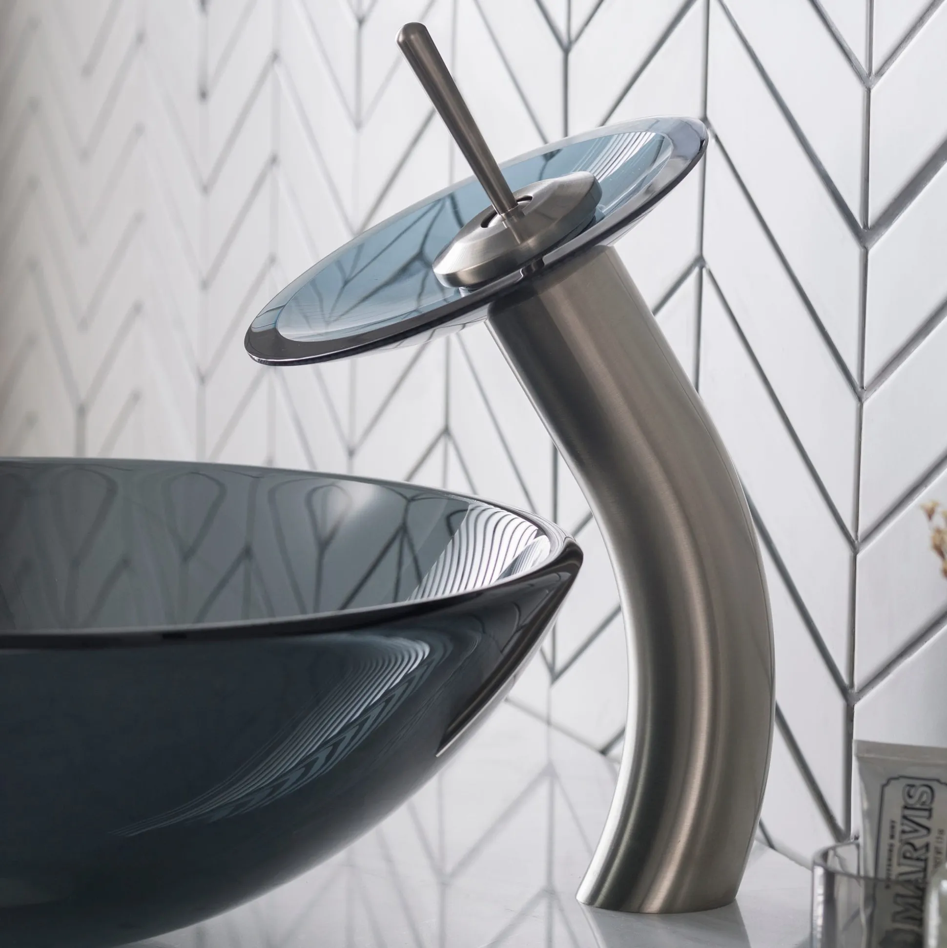 Waterfall Bathroom Faucet with Frosted Black Glass Disk in Satin Nickel
