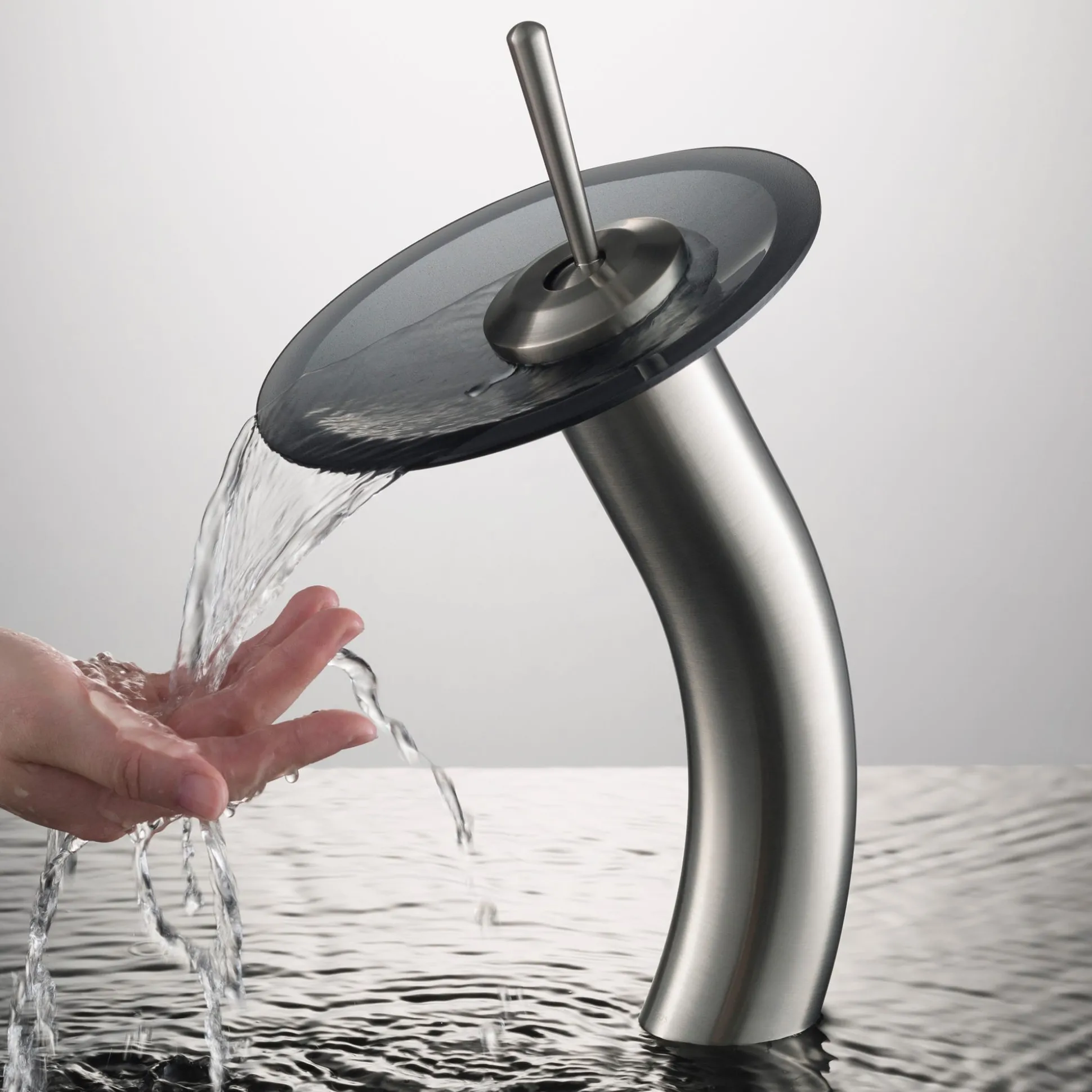 Waterfall Bathroom Faucet with Frosted Black Glass Disk in Satin Nickel