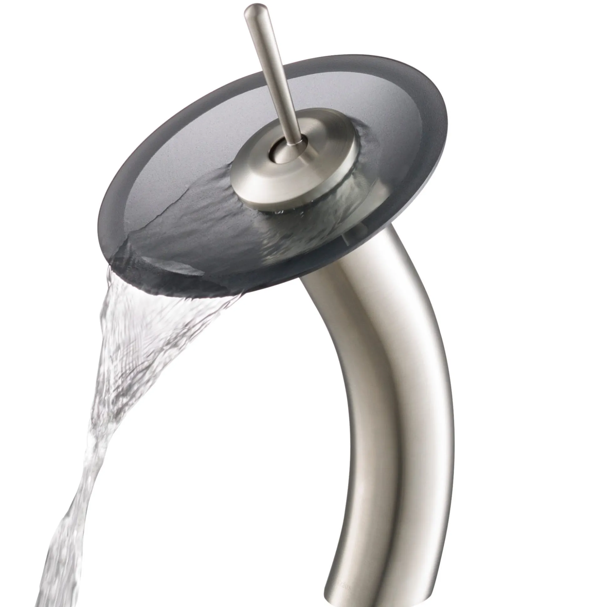 Waterfall Bathroom Faucet with Frosted Black Glass Disk in Satin Nickel