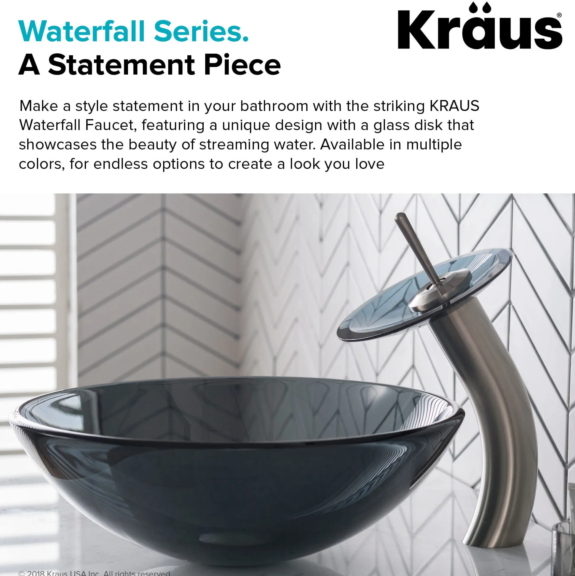 Waterfall Bathroom Faucet with Clear Black Glass Disk in Satin Nickel