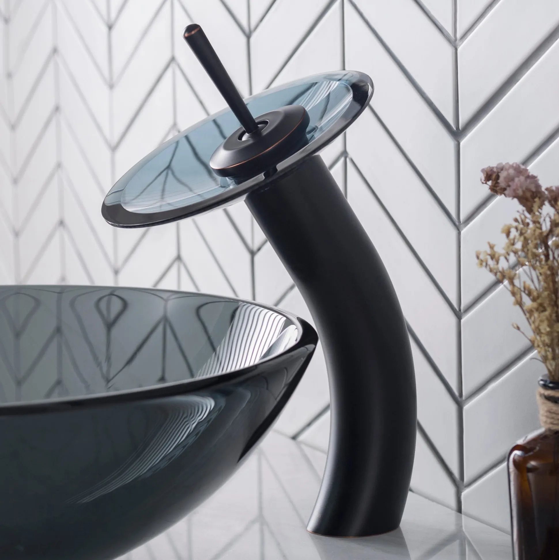 Waterfall Bathroom Faucet with Clear Black Glass Disk in Oil Rubbed Bronze