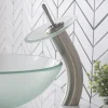 Waterfall Bathroom Faucet with Frosted Glass Disk and Pop-Up Drain in Satin Nickel