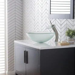Waterfall Bathroom Faucet with Frosted Glass Disk and Pop-Up Drain in Satin Nickel