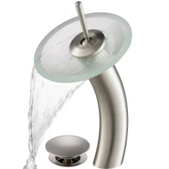 Waterfall Bathroom Faucet with Frosted Glass Disk and Pop-Up Drain in Satin Nickel