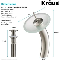 Waterfall Bathroom Faucet with Frosted Glass Disk and Pop-Up Drain in Satin Nickel