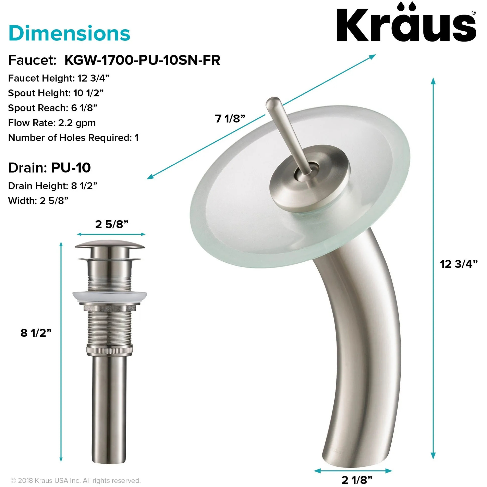 Waterfall Bathroom Faucet with Frosted Glass Disk and Pop-Up Drain in Satin Nickel
