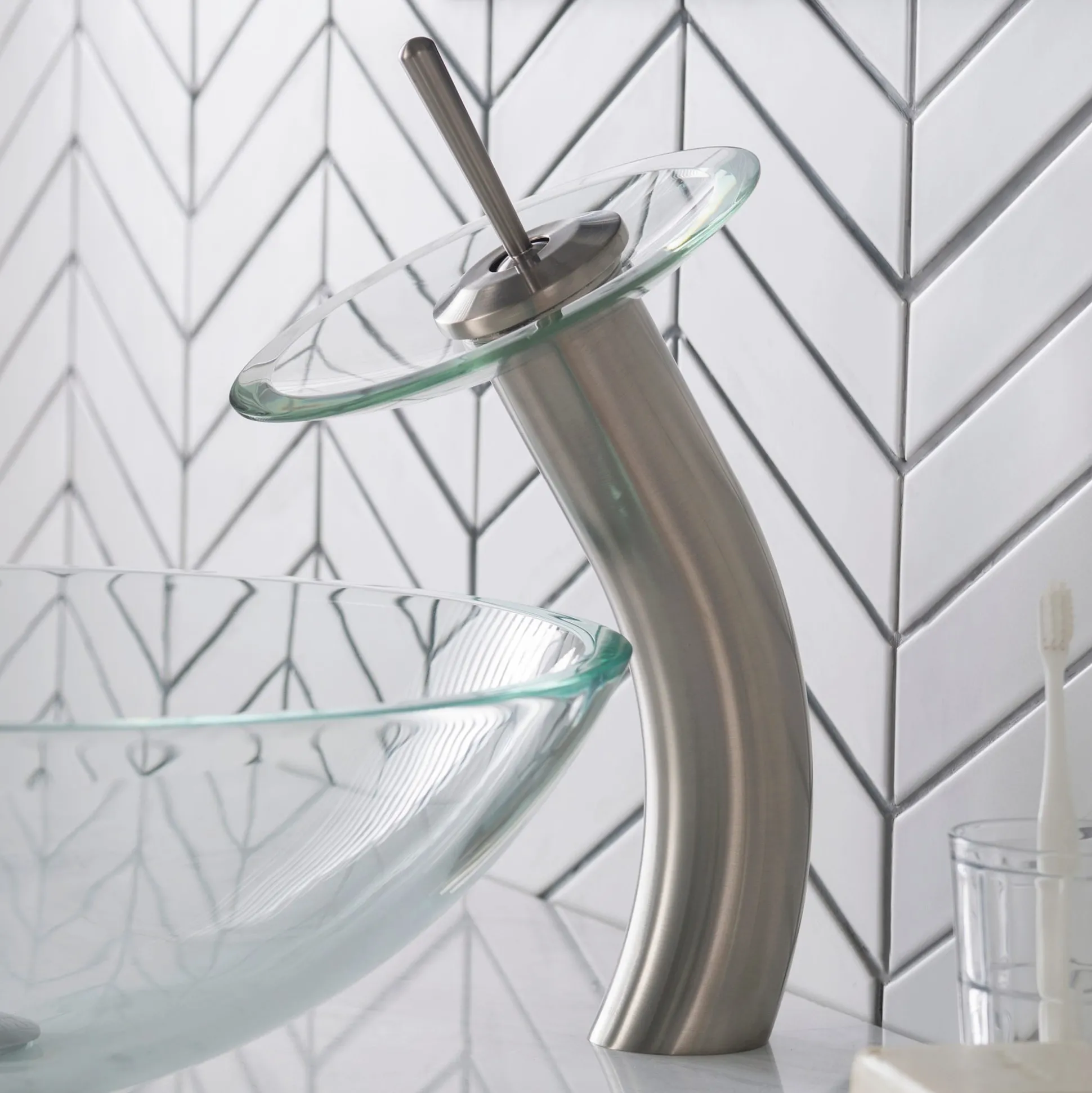 Waterfall Bathroom Faucet with Clear Glass Disk and Pop-Up Drain in Satin Nickel