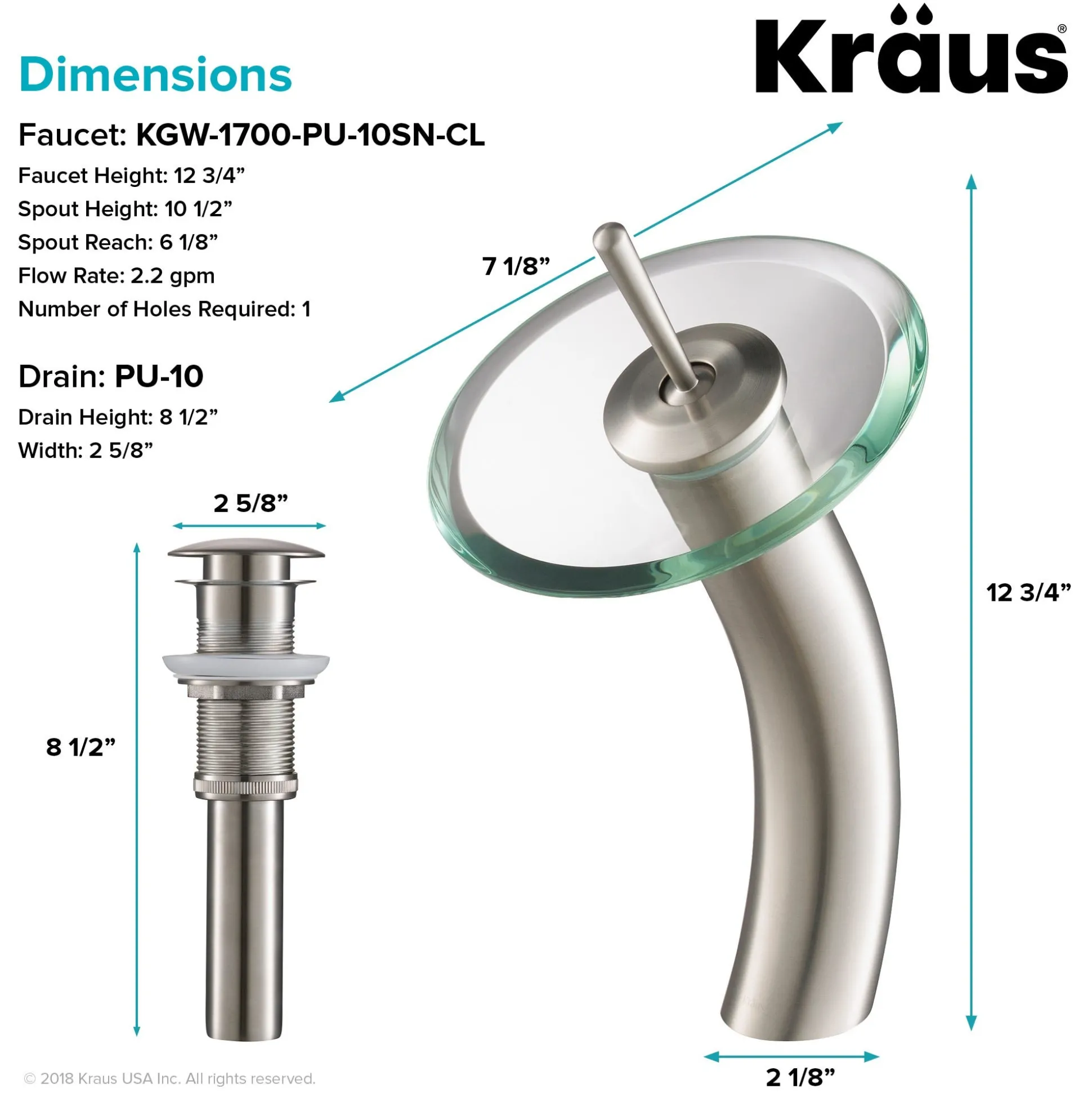 Waterfall Bathroom Faucet with Clear Glass Disk and Pop-Up Drain in Satin Nickel