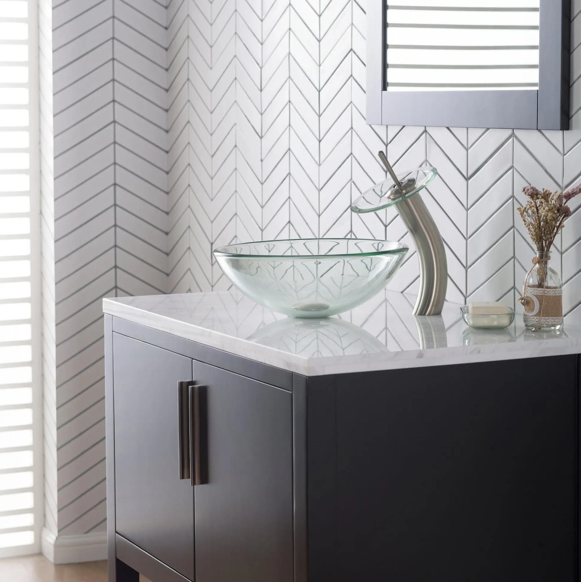 Waterfall Bathroom Faucet with Clear Glass Disk and Pop-Up Drain in Satin Nickel