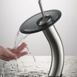Waterfall Bathroom Faucet with Frosted Black Glass Disk and Pop-Up Drain in Satin Nickel