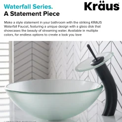 Waterfall Bathroom Faucet with Frosted Glass Disk and Pop-Up Drain in Oil Rubbed Bronze