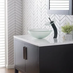 Waterfall Bathroom Faucet with Frosted Glass Disk and Pop-Up Drain in Oil Rubbed Bronze